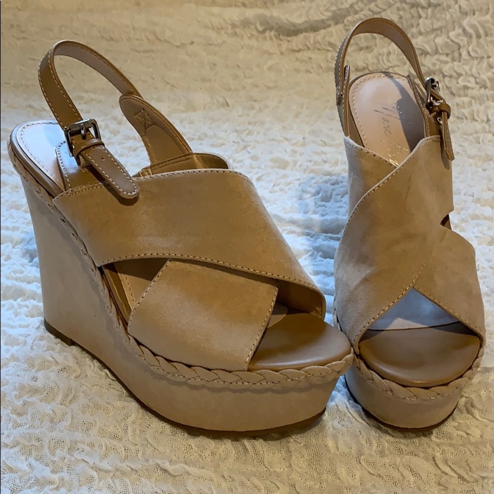Nude faux suede wedges.
